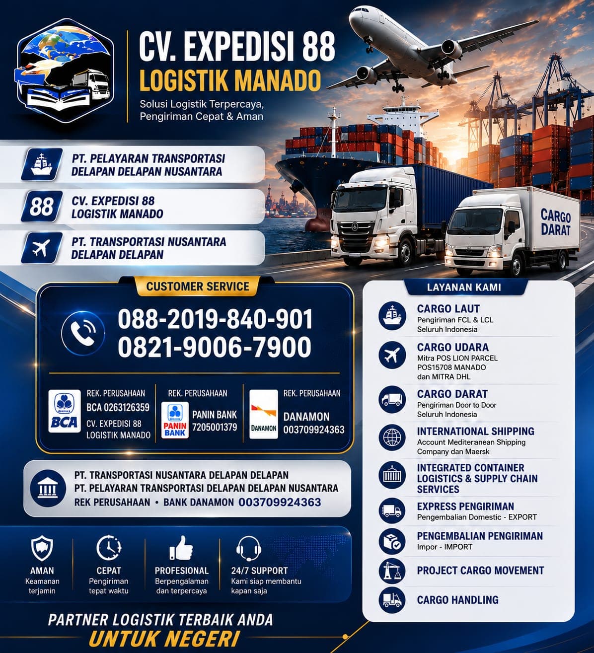 Poster profil dan informasi perusahaan CV Expedisi 88 Logistik Manado