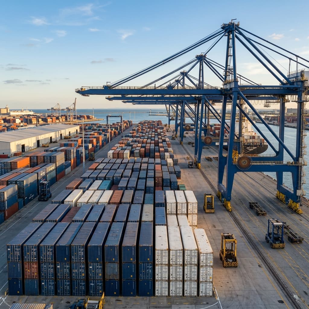 Terminal peti kemas dan crane pelabuhan