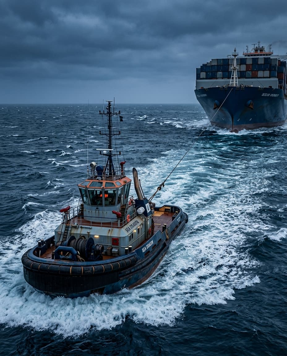 Tugboat menarik kapal besar dengan tali di laut