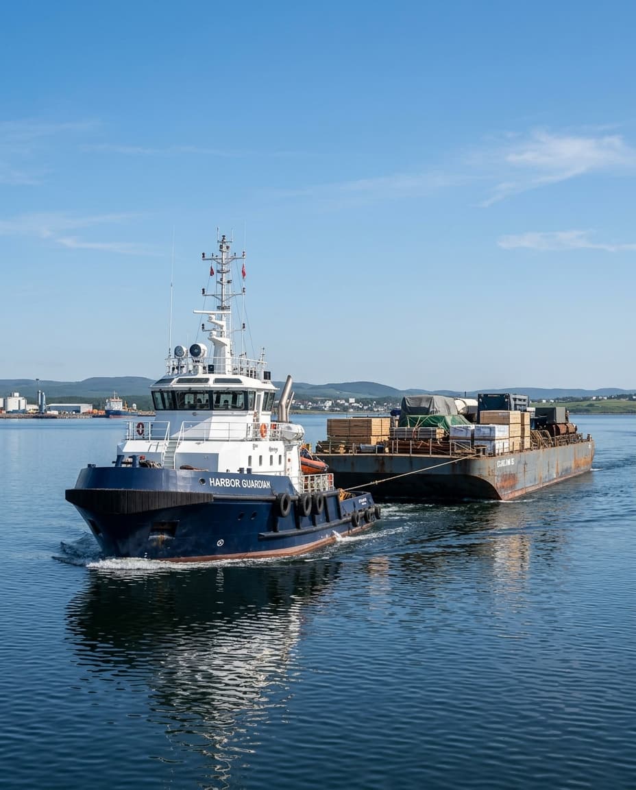 Tugboat menarik tongkang bermuatan barang