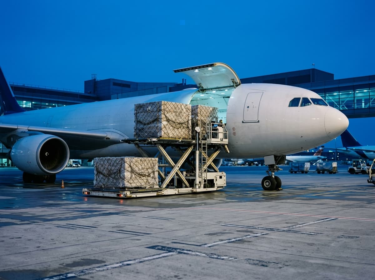 Pesawat kargo memuat palet barang di apron bandara