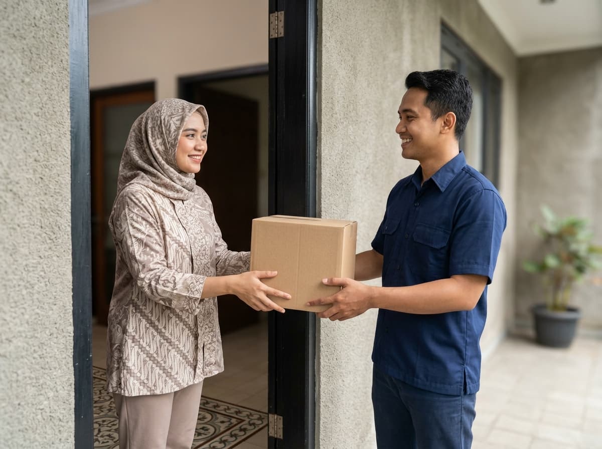 Kurir menyerahkan paket kepada pelanggan